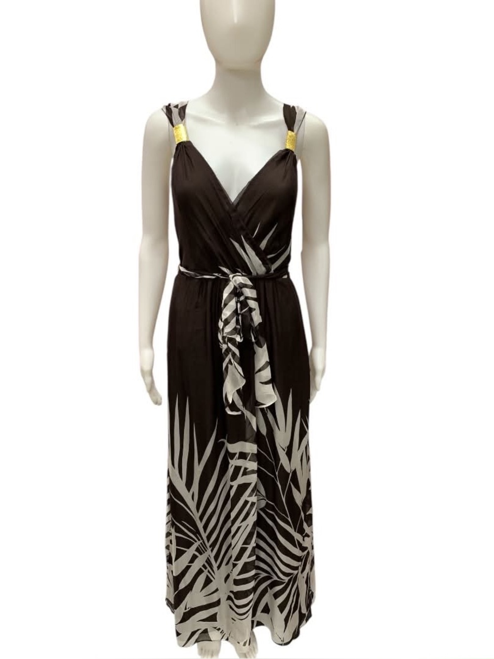 Milly Of NewYork Brown & Cream Tropical Print Maxi Dress with Gold-Accent Straps